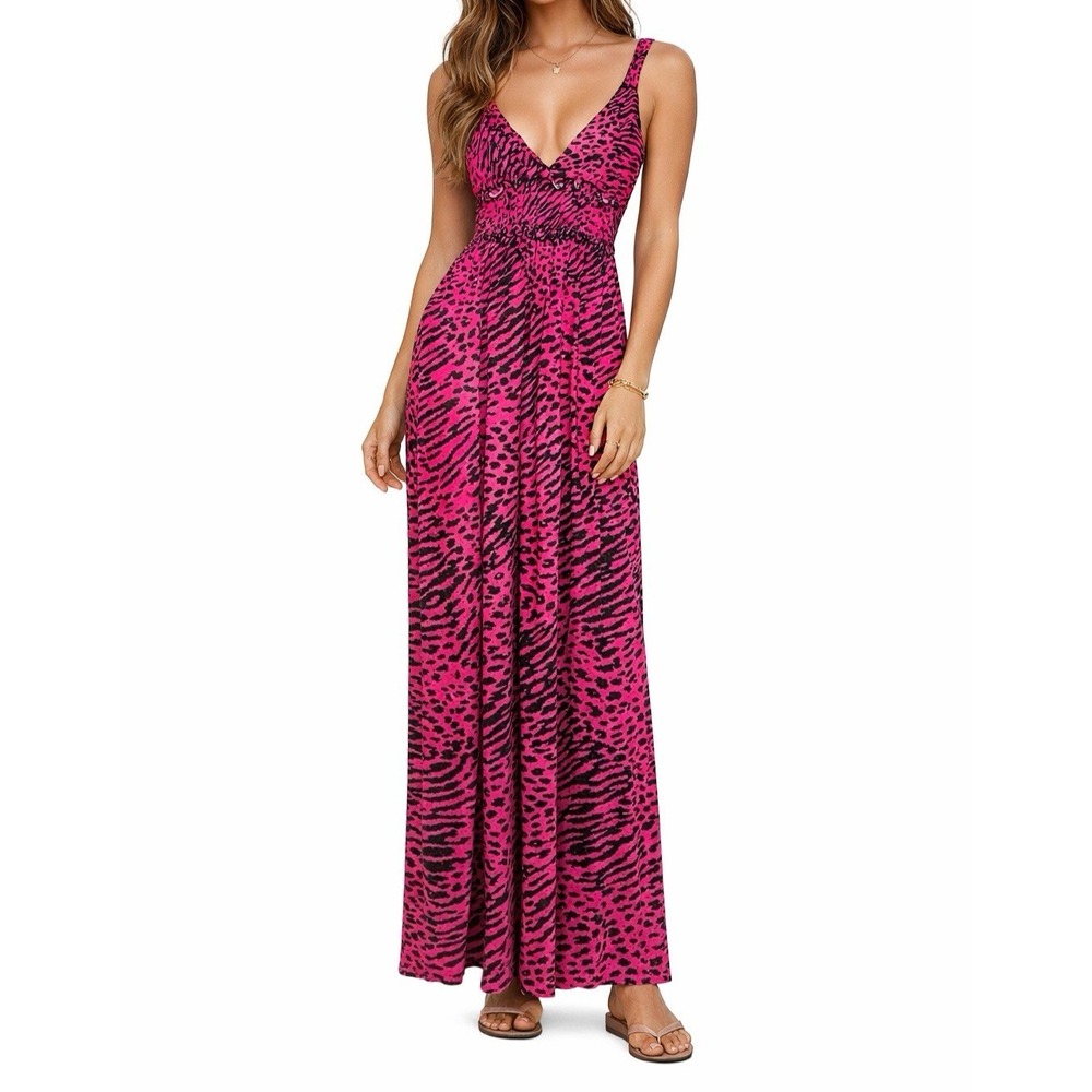 Y2k Lucy Love Babydoll Maxi Dress XS Boho Festival Indie Leopard Retro Pink 90s